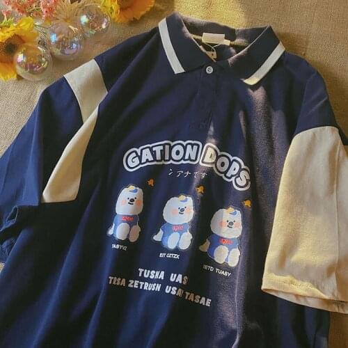 Harajuku Contrast Patchwork POLO Shirts Cartoon T Shirts for Teens Girls Kawaii Japan Fashion Lovers Oversized Summer Top Casual
