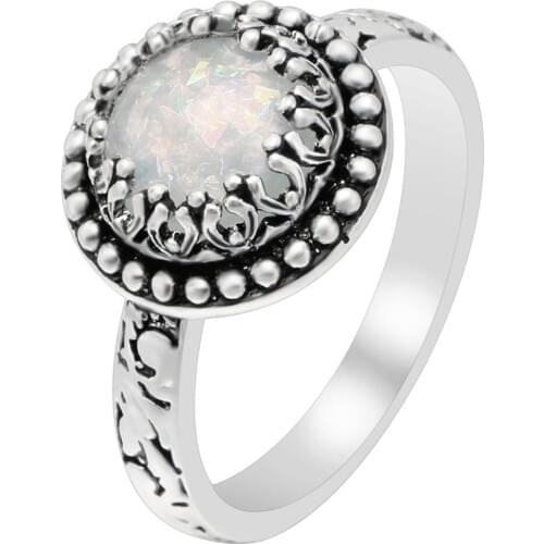 Hainon Antique Silver Color Vintage Ring Jewelry Engagement Finger Ring Round White Stone Fire Opal Rings For Women Gifts
