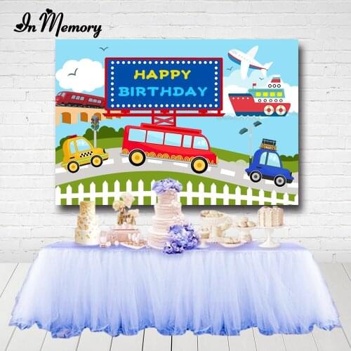 InMemory Cartoon Train Cars Boys Birthday Party Backgrounds For Photo Studio Blue Sky Clouds Green Grass Custom Backdrop