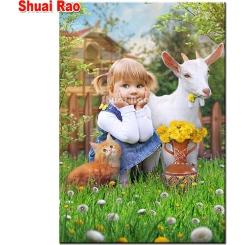 Russia girl and White goat cat diy diamond painting full square round diamond embroidery art mosaic 5 D cross stitch home decor