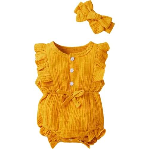 Newborn Romper Hair Band 2pcs Set Infant Baby Girls Fly Ruffled Sleeve Jumpsuit Crotch Button Kids One-piece Knitted Playsuits
