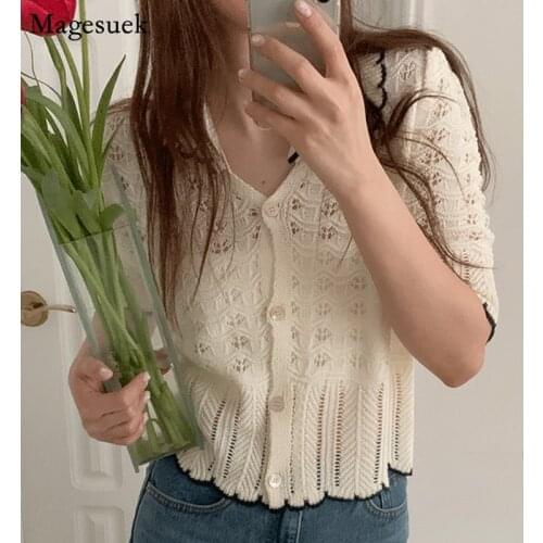 Korean Chic Hollow Crochet Sweater Women Cardigans V-neck Short Sleeve Knit Cardigan Women Pull Femme Vintage Tops Summer 14163