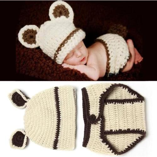 1/2Pcs Newborn Photography Props Costume Infant Boy Girl Cute Cartoon Knitted Bear Hat And Diaper Cover Set Soft Baby Clothes