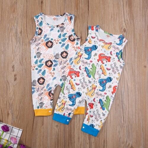 Newborn Summer Cartoon Cute Casual Covered Button Jumpsuit Baby Boys Sleeveless Lion/Dinosaur Print Round Neck Romper