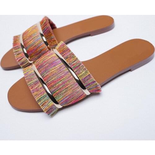 Fashion Colorful Flats Slippers Women Shoes Color Matching Fringes Flat Sandals Open Toe Casual Modern Slippers Beach Flip Flops