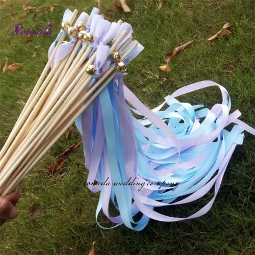 Newest 50pcs/lot light purple and light blue stain ribbon wedding wands stick Streamers With big gold Bells for wedding