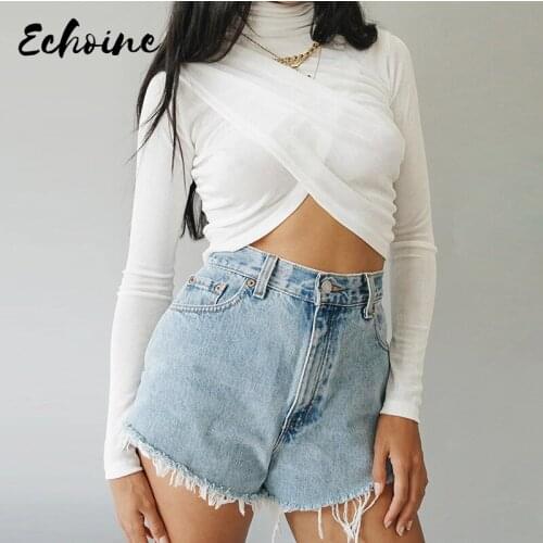 Korean Version Solid Color Cotton Crop Top for Women Autumn Sweet Enegant High Neck Long Sleeve T Shirt Basic Tees Female