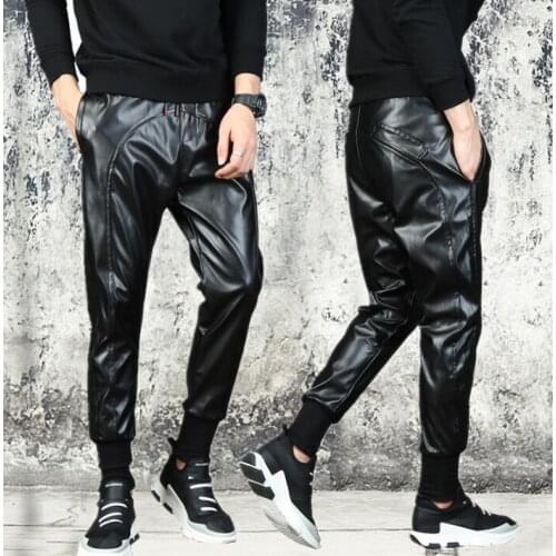 Autumn personality fashion men skinny pants motorcycle leather harem pant men feet trousers pantalones hombre elastic waist