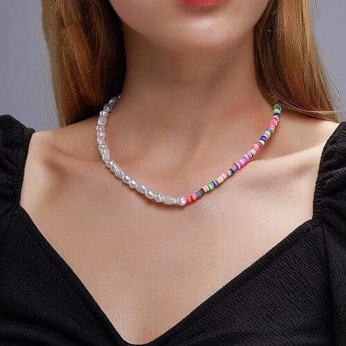 POPACC The New Bohemian Style Colored Necklace Natural Pearl Clavicle Chain Ethnic Style Personality Contrast Color Collar