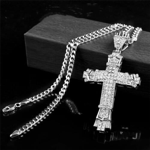 Fashion Statement Women Men Bling Rhinestone Cross Pendants Necklaces Hip Hop Jewelry Long Chain Gold Silver Color Big Necklace