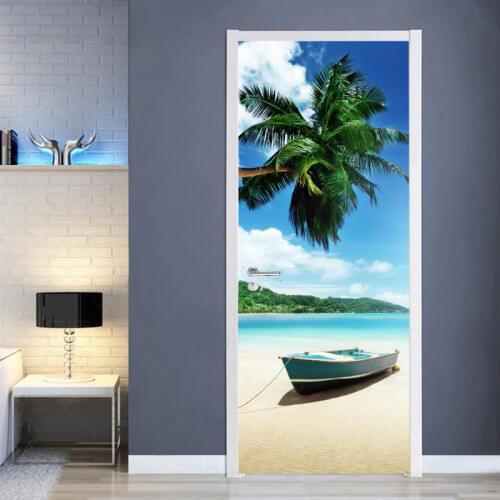 Self adhesive Seascape beach Trees Natural Scenery 3d wallpaper door sticker porch landscape mural,wall papers home decor