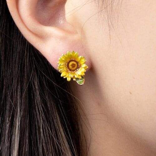 Jaeeyin 2020 Enamel Sunflower Stud Earrings Cute Fun Sweet Cartoon Big Sun Flower Statement Jewelry Gift For Friends Children