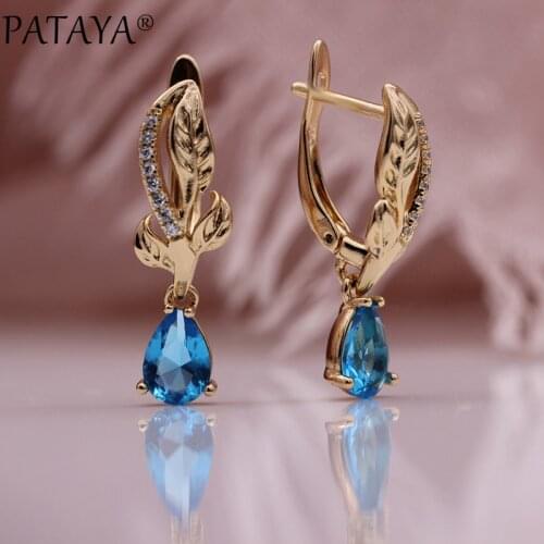 PATAYA New Leaf Shape Hollow Long Earrings Blue Water Drop Dangle Earrings 585 Rose Gold Trendy Women Engagement Fashion Jewelry