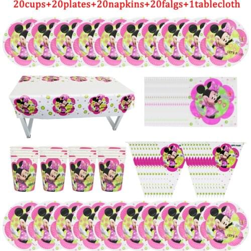 Disney Minnie Mouse Theme Disposable Tableware 81Pcs kids Birthday Party Paper Cups +Plates+Napkins+Flags Sets Supplies