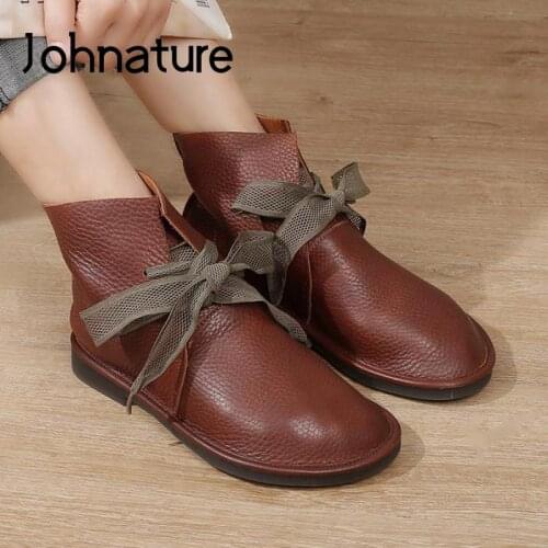 Johnature Genuine Leather Lace-Up Ankle Boots Women Shoes Flat With Round Toe Retro 2021 New Autumn Winter Leisure Ladies Boots