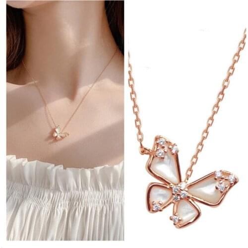 Vintage Crystal Butterfly Pendant Necklaces For Women Rose Gold Clavicle Accessories Fashion Lady 925 Silver Necklaces Female