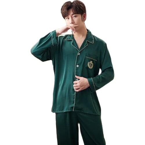 2PCS Sleepwear Spring Satin Men Pajams Set Long Sleeve Turn-Down Collar Shirt&Pant Loose Casual Large Size Pijamas Suit 2XL 3XL
