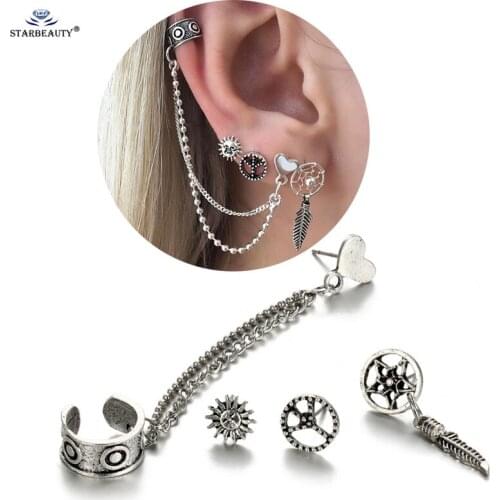 4 pcs/lot Peace Star Chain Ear Cuff Earrings Set Ear Piercing Helix Piercing Tragus Sunshine Leaf Earring Pircing Body Jewelry