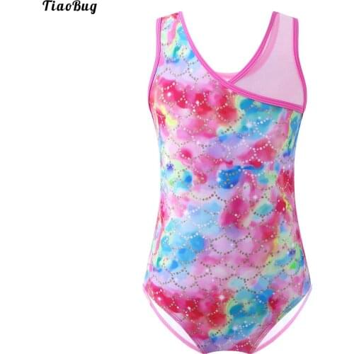 TiaoBug Kids Girls One-Piece V Neck Sleeveless Cartoon Print Patchwork Dance Jumpsuit Bodysuit Swimming Bathing Rashguard Set