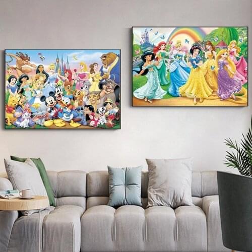 Disney Cartoon All The Characters In A Group Photo Canvas Painting Disney Princess Posters Nursery Wall Art for Kids Room Decor