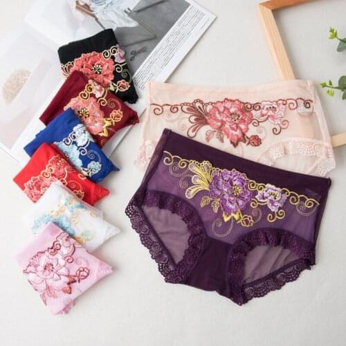 Explosion Sexy Lace Embroidery Large Size Panties Female Transparent Mesh Ultra-thin Temptation Mid-waist Cotton Crotch