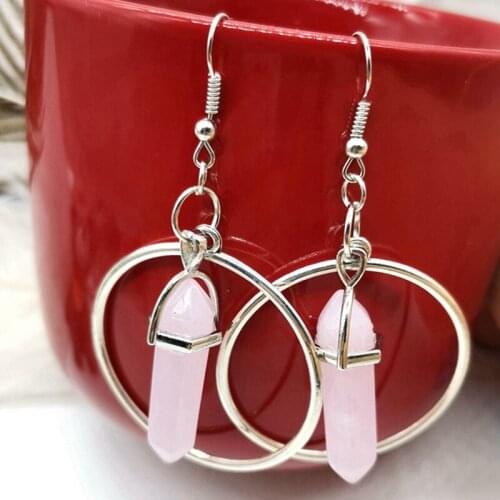 Hex Reiki Natural Stone Bead Ring Drop Earrings Decoration Jewelry Perforated Female Gift 1 Pair Quartz