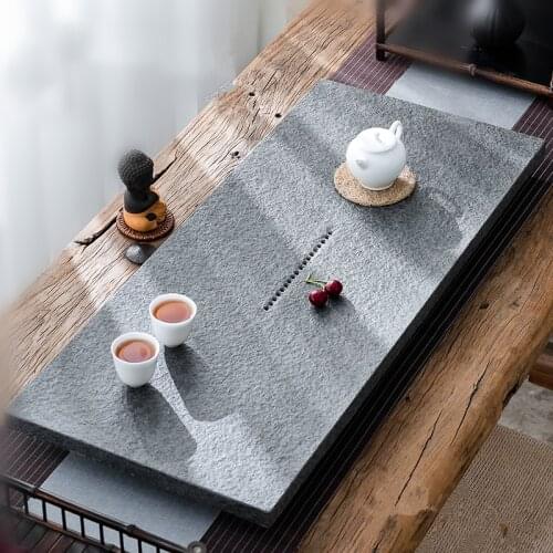 Chinese complete tea tray for kungfu tea set black stone tea boat water draining outlet heavy stone tea table multi-size