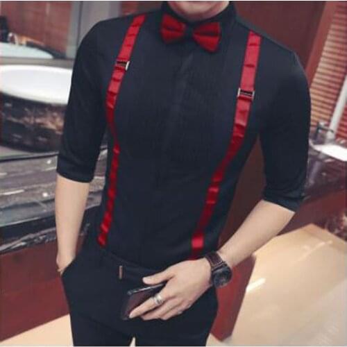 Classic Pull Straps Mens Half Sleeved With Bow Tie Shirts Dress Groomsmen Bar Overalls Work Clothes Fashion Spring Summer Tops