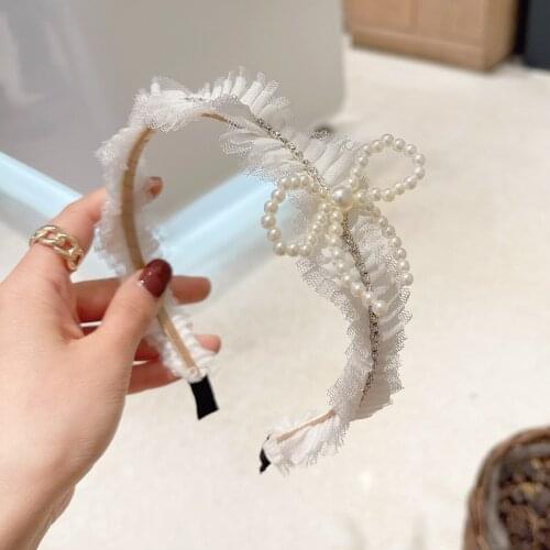 Korean Lace White Pearl Bow Hair Hoop Hairbands Rhinestone Casual Fabric By The Yard Designer Headband Girls Hair Accessories