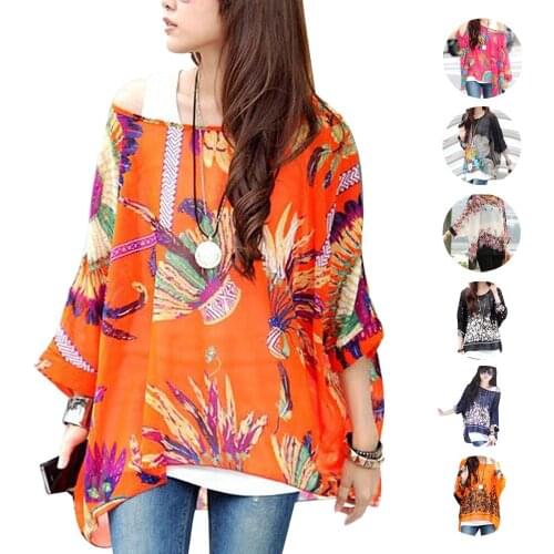Summer Women Boho Floral Printed Loose Beach Cover Boat Neck Batwing Sleeve Tops Chiffon T shirt
