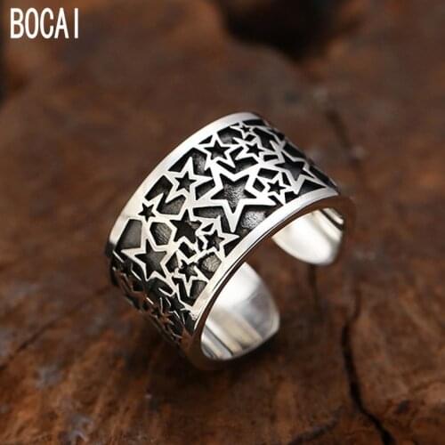 100% S925 pure silver ring for male personality wide version mens silver ring Thai silver five-pointed star ring for students