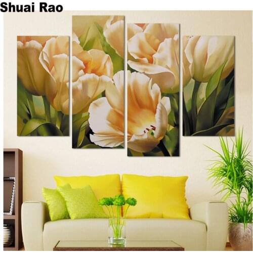 Full DIY 5D Diamond Painting Tulip Flower 4 pcs Cross Stitch Square Diamond Embroidery Patterns round rhinestones Diamond Mosaic