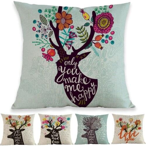 Nordic Style Deers Head And Floral Antler Quotes Letter Print Throw Pillow Case Home Sofa Decoration Cushion Cover
