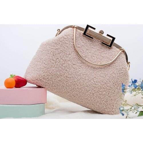 2021 New Hot Fashion Teddy Velvet Fabric Women Vintage Kiss Lock Top Handle Handbag Purse Shoulder Bag with Chain Crossbody