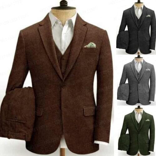 Brand Latest Classic Brown Mens Suits Tweed 3 Piece Custom Bridegroom Wedding Prom Suit Tuxedo Winter Business Blazer Vest Pants