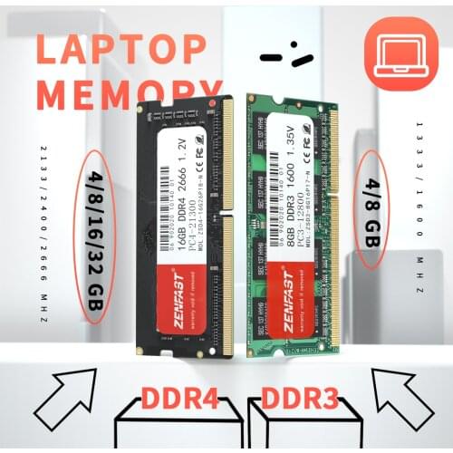 ZENFAST Laptop Ram DDR3 DDR4 4gb 8GB 16GB Laptop 1333 1600 2400 2666 2133MHz 204pin Sodimm Notebook Memory For Intel and AMD