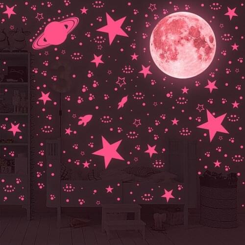 Pvc Wall Stickers Pink Stars Dots Moon Pattern Spaceship Luminous Wall Stickers