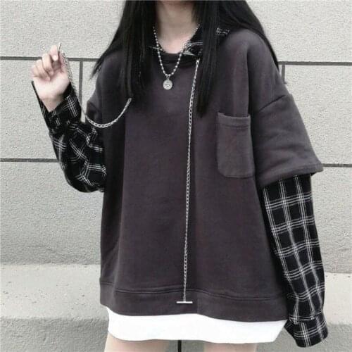Womens Oversized Sweater Loose Black Gothic Long Sleeve Hoodie Korean Grunge Streetwear Fashion Patchwork Sweatshirt