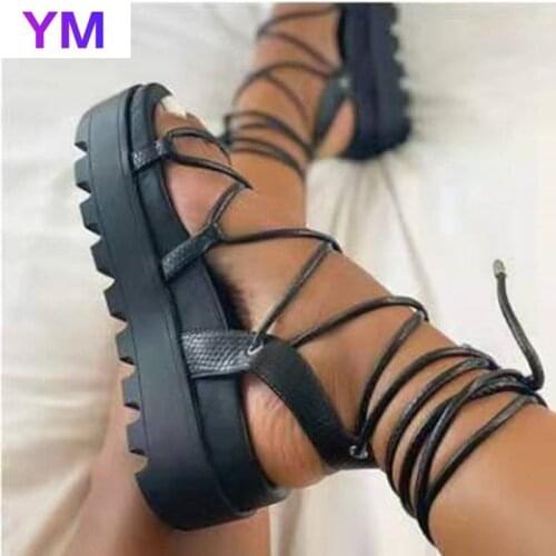Sexy 2021 New Summer New Black Cross Womens High Heels Sandals Platform Lace Up Wedges Front Open Toe Ladies Shoes Size 35-42