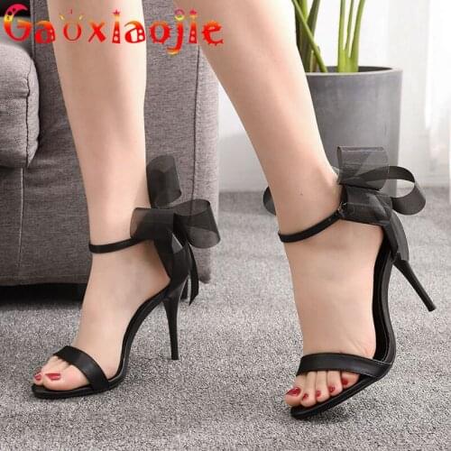 Gaoxiaojie Women Lace Bow Sandals Sexy One Word Band Party Stilettos 2021 New Summer Fashion Cover Heel 9.5CM High Heel Shoes