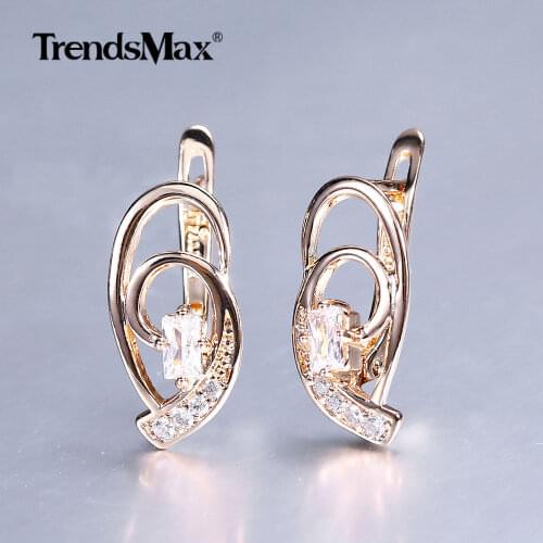 Women Rectangle Clear CZ Earrings Girls Rose Gold Filled Paved Pink Cubic Zirconia Snap Closure Fashion Jewelry GE98A