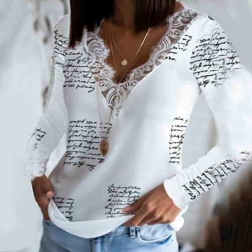 40#Woman Shirts Tops Women 2020 Winter Splicing Fashion Lace V-Neck Lace Letter Print Long Sleeve Blouses Camisetas Mujer