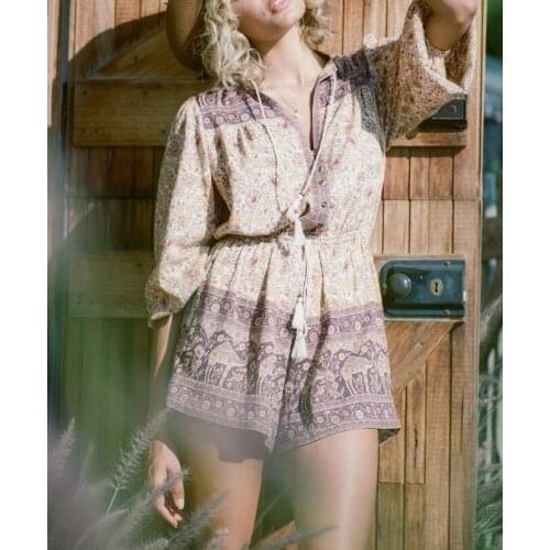 Happie Queens Women Floral Print Sashes Boho Playsuits Ladies tie V Neck Long Sleeve Tassel rayon Beach Jumpsuits Bodysuit