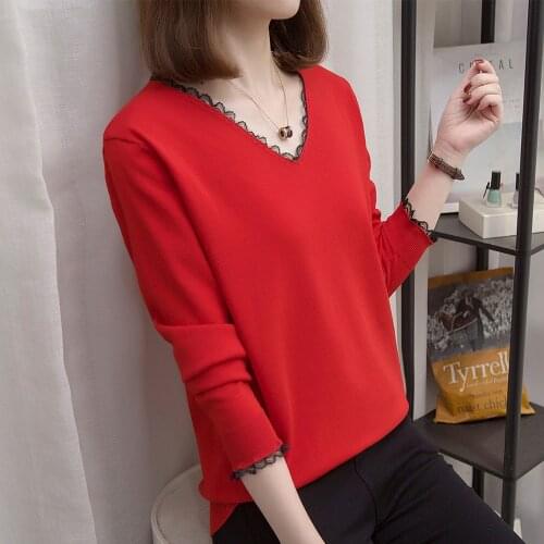 Plus Size V-neck Pullovers Sweaters Women 2020 Autumn Winter Knitted Jumpers Oversize Treny Loose Lace Trim Femme Knitwear Tops