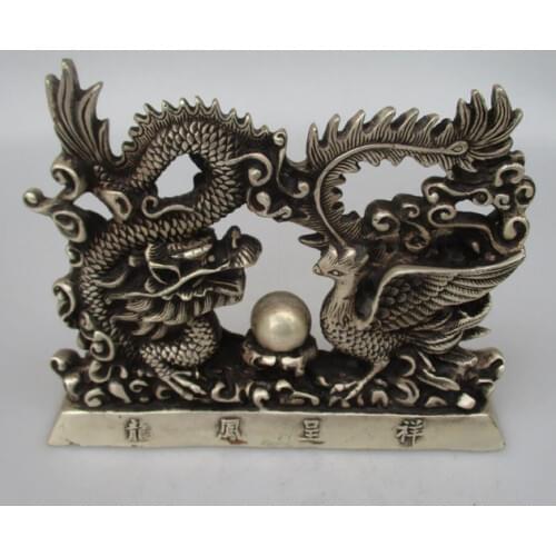 Antique antiques Collectible Decorated Old Handwork Tibet Silver Carved Dragon and Phoenix Statue/ Animals Sculpture Christmas