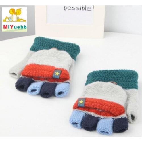 Child style Boy Girl Knit Gloves Winter Children kids 4-12 year old Warm Mittens Cotton Wool Solid Half finger Flip cover Gloves