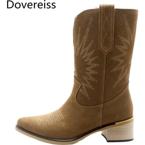 Dovereiss Fashion Womens Shoes Winter Sexy Elegant Brown GenuineLeather Ladies Boots Concise Chunky Heels Half boots 33-40