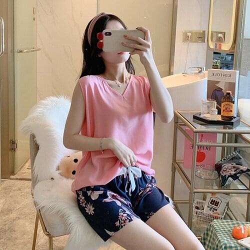 JULYS SONG 2 Pcs Womens Pajamas Viscose Female Pajamas Sleepwear Short Sleeve Shorts Pajamas Set Elastic Waist Loung wear