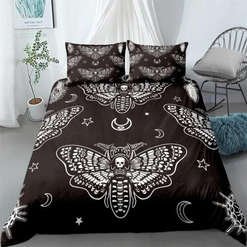 Black Death Moth Bedding Set Gothic Skull Duvet Cover Set Butterfly Bedclothes 2/3pcs Moon Stars Luxury Home Textiles