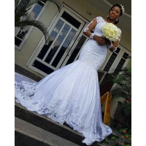 Lace Mermaid Wedding Dresses New Design Applique Court Train Illusion Long Sleeve African Bridal Gowns Vestido de Novia